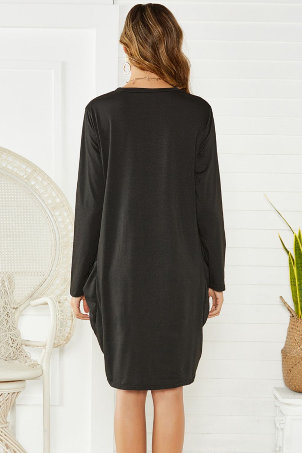 Pocketed Round Neck Long Sleeve Dress, 2 Colors