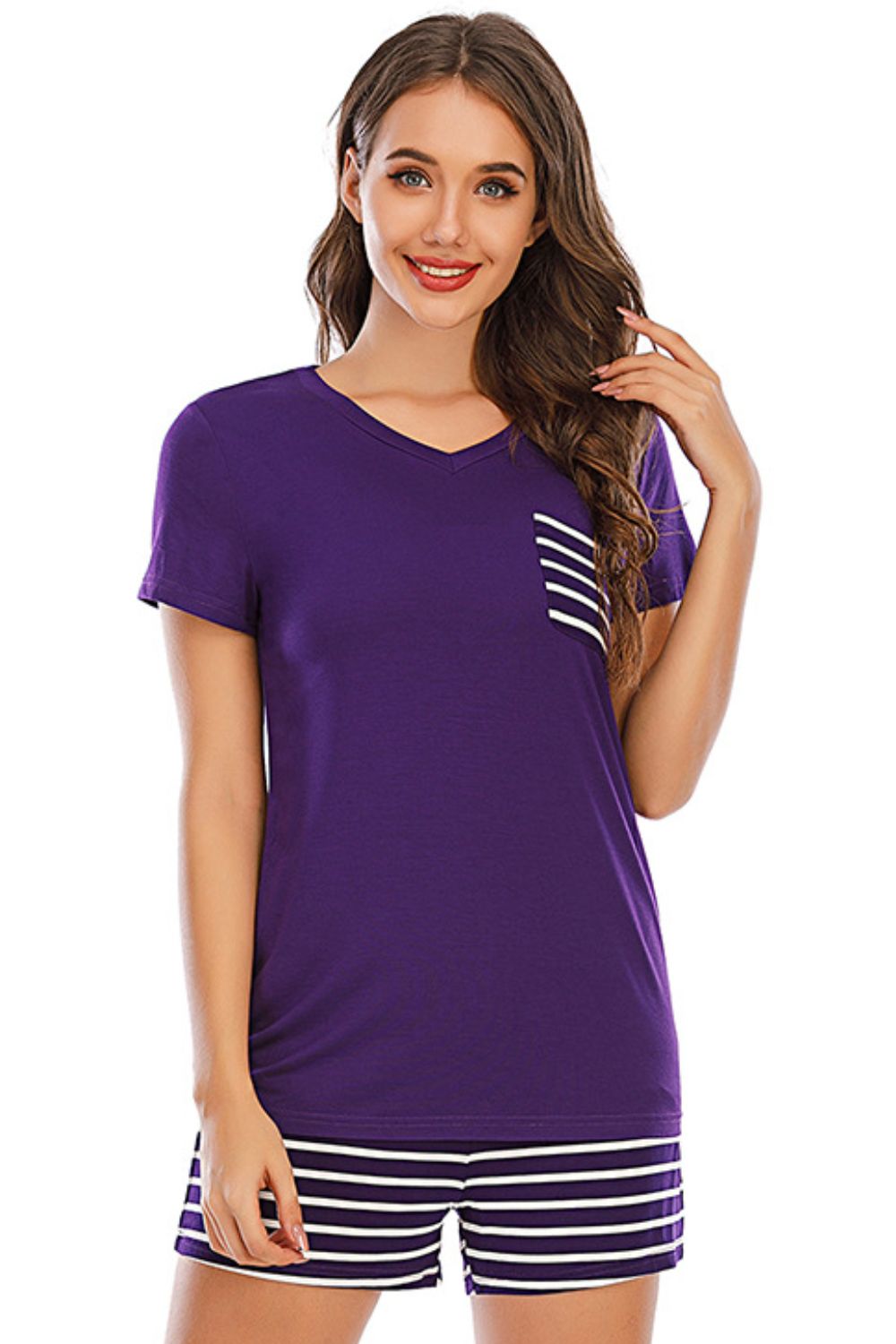 Striped Short Sleeve Top and Shorts Lounge Set, 7 Colors