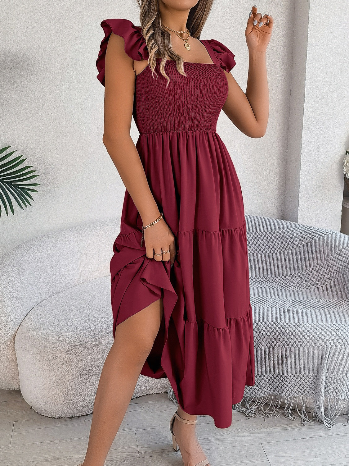 Smocked Square Neck Cap Sleeve Midi Dress, 5 Colors