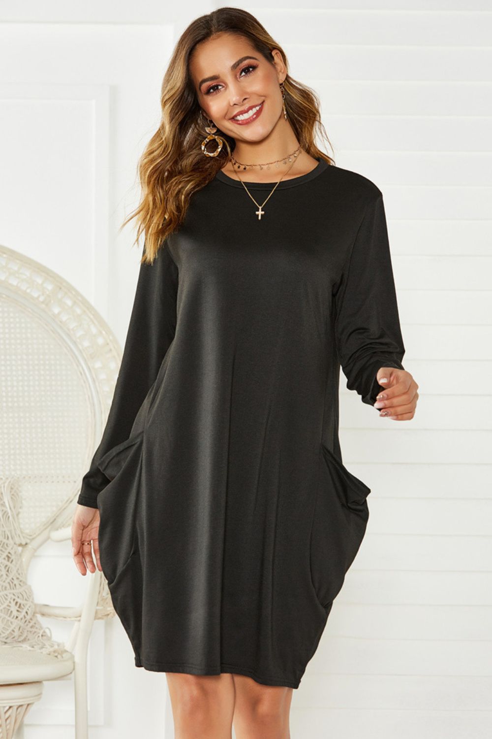 Pocketed Round Neck Long Sleeve Dress, 2 Colors