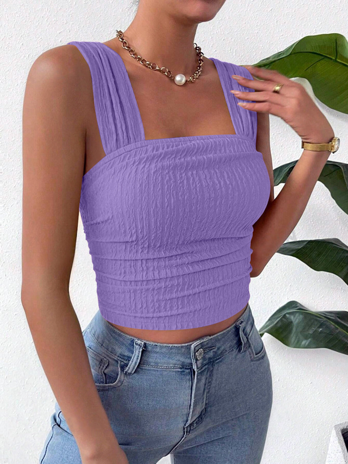 Textured Square Neck Wide Strap Tank , 10 Colors