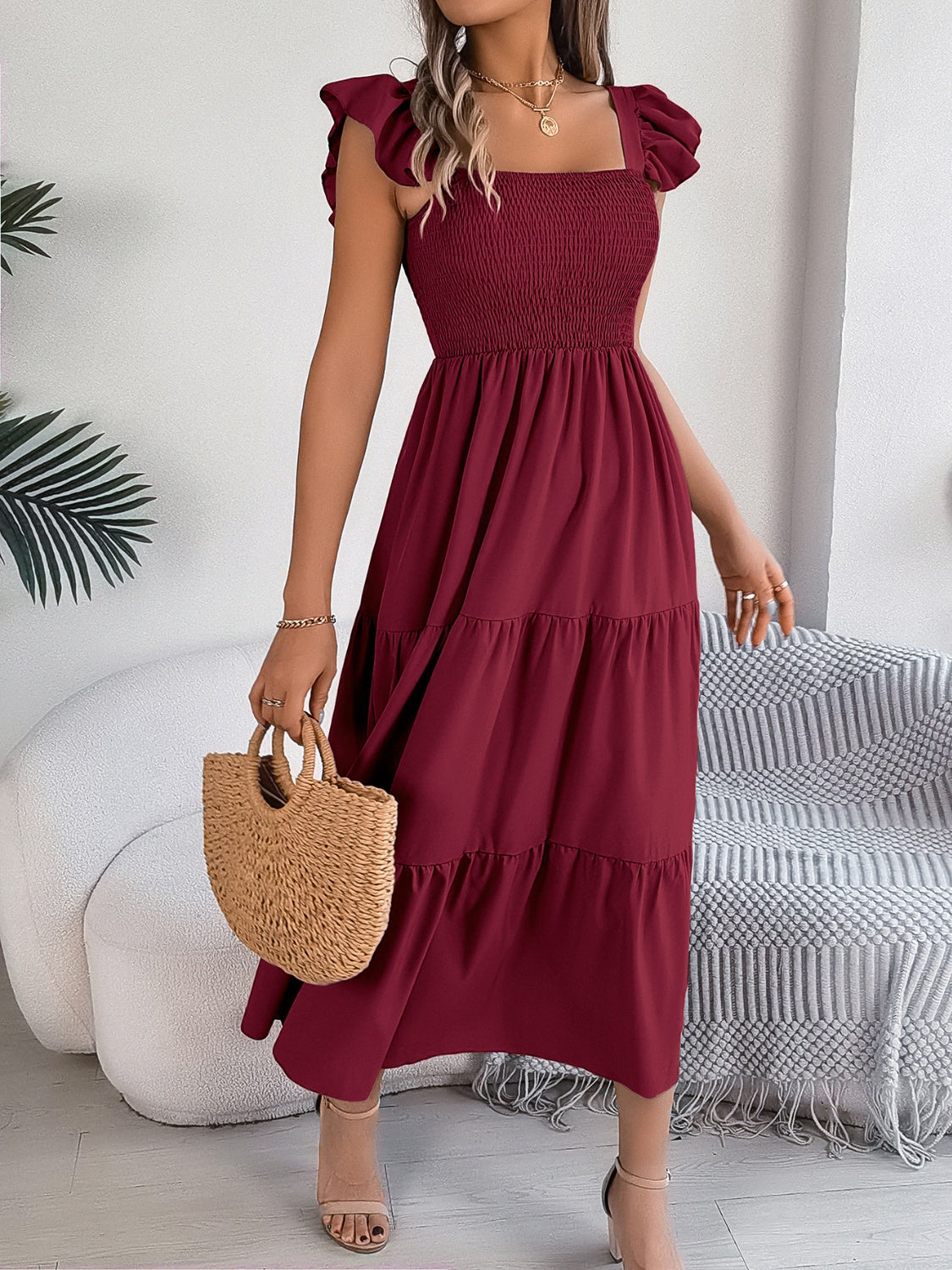 Smocked Square Neck Cap Sleeve Midi Dress, 5 Colors