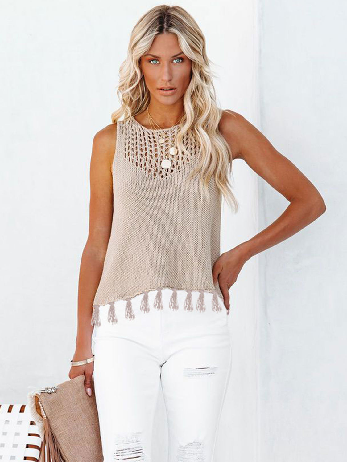 Cutout Tassel Round Neck Tank, 3 Colors