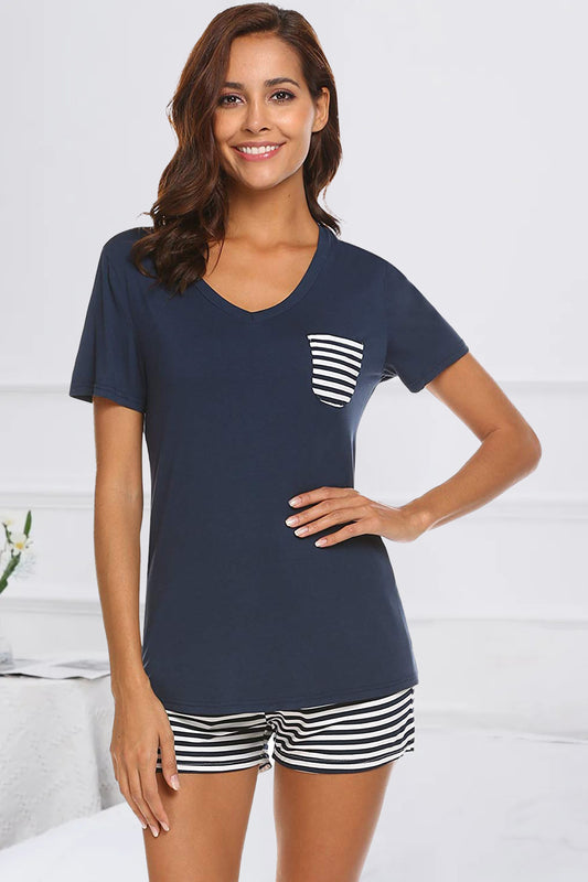 Striped Short Sleeve Top and Shorts Lounge Set, 7 Colors