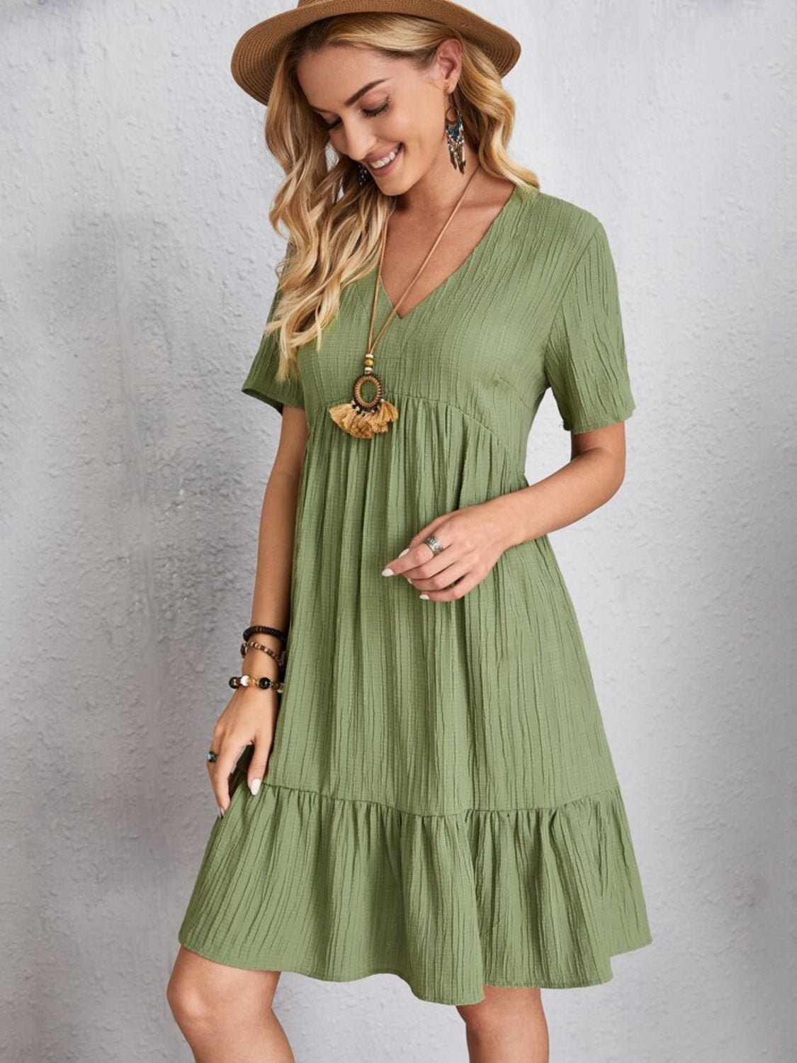 Full Size V-Neck Short Sleeve Dress, 6 Colors