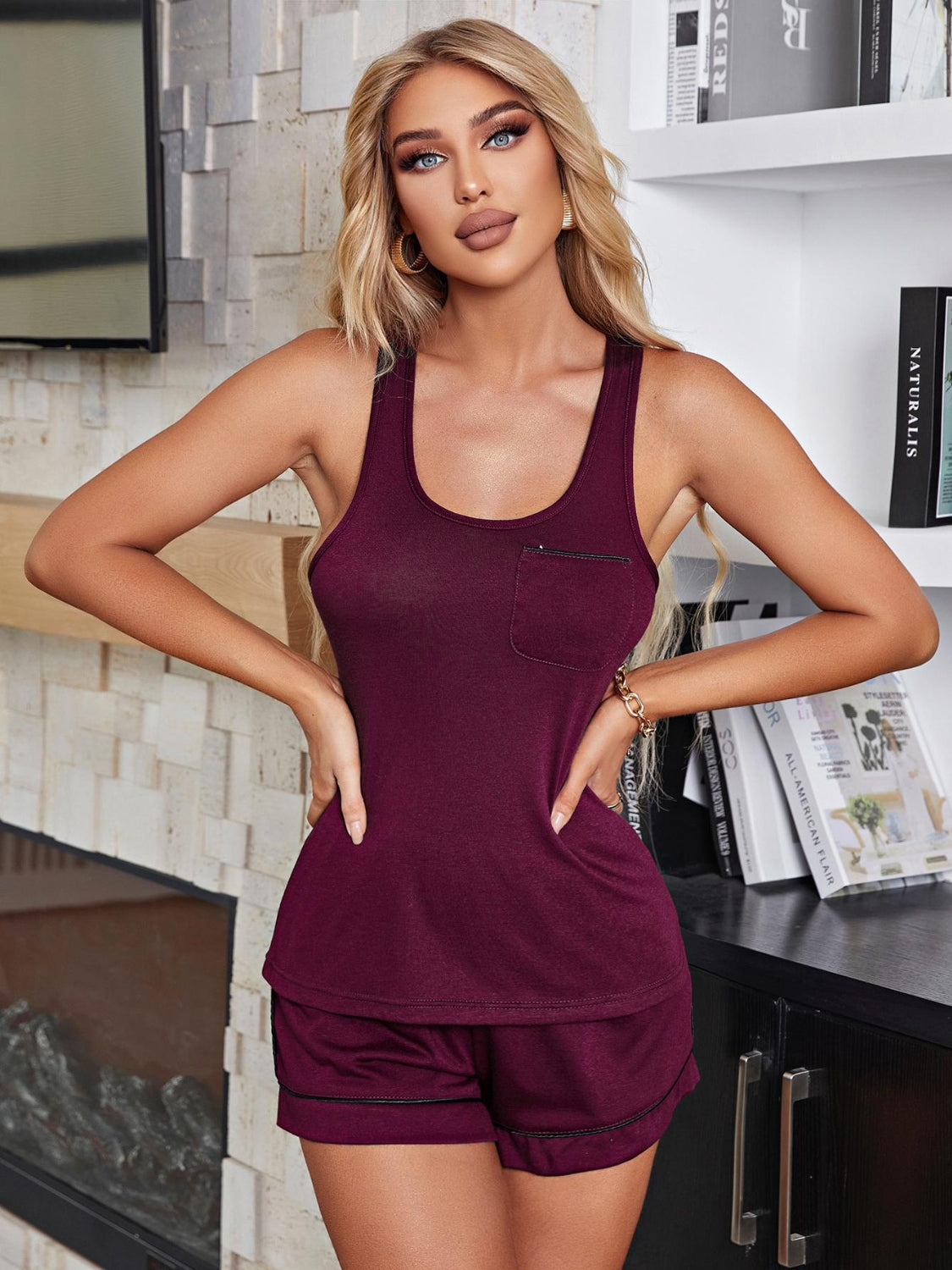 Scoop Neck Wide Strap Tank and Shorts Lounge Set, 5 Colors