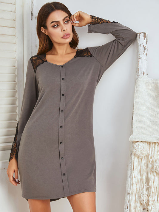 Lace Detail Long Sleeve Mini Lounge Dress, 3 Colors