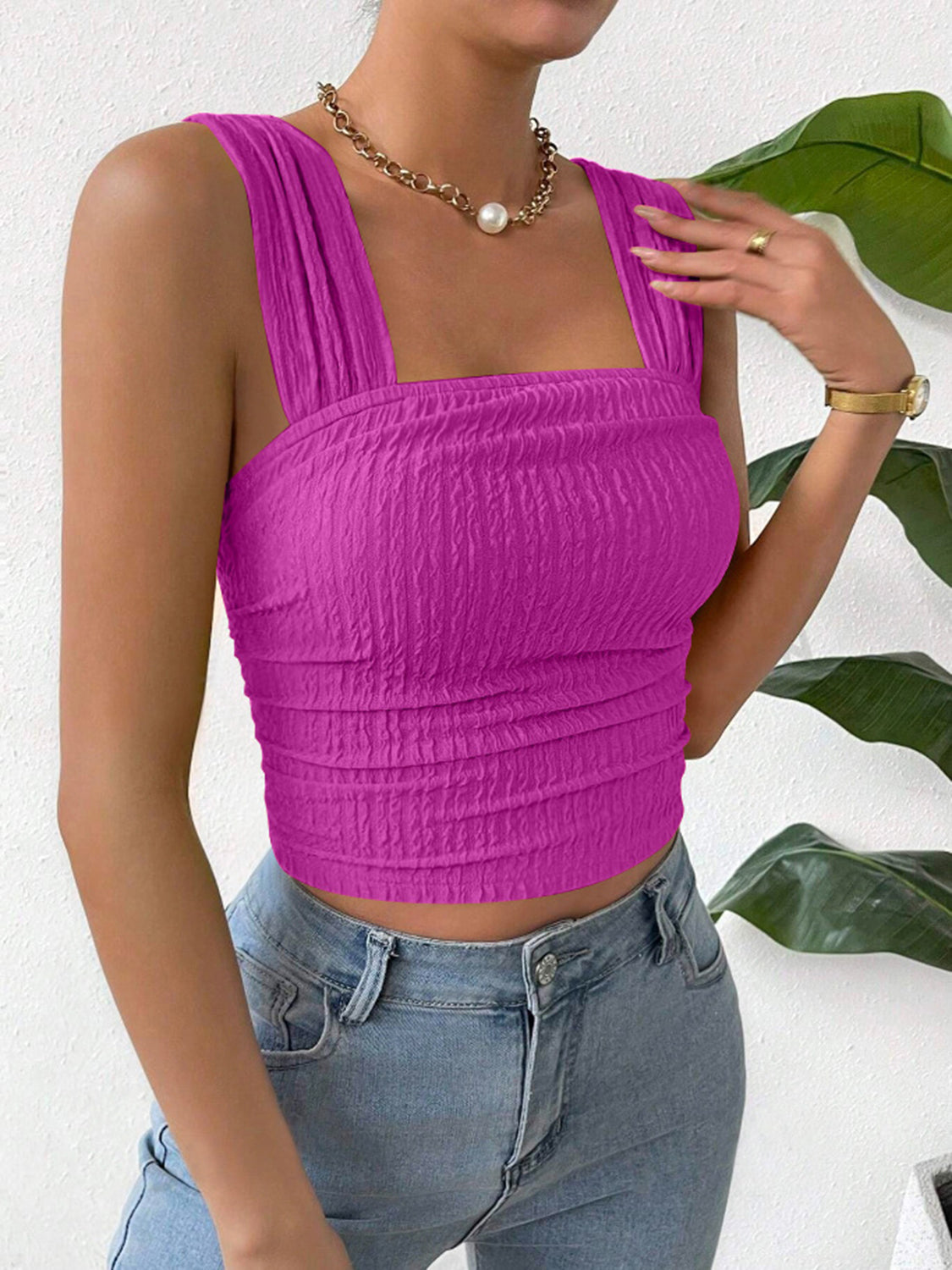 Textured Square Neck Wide Strap Tank , 10 Colors