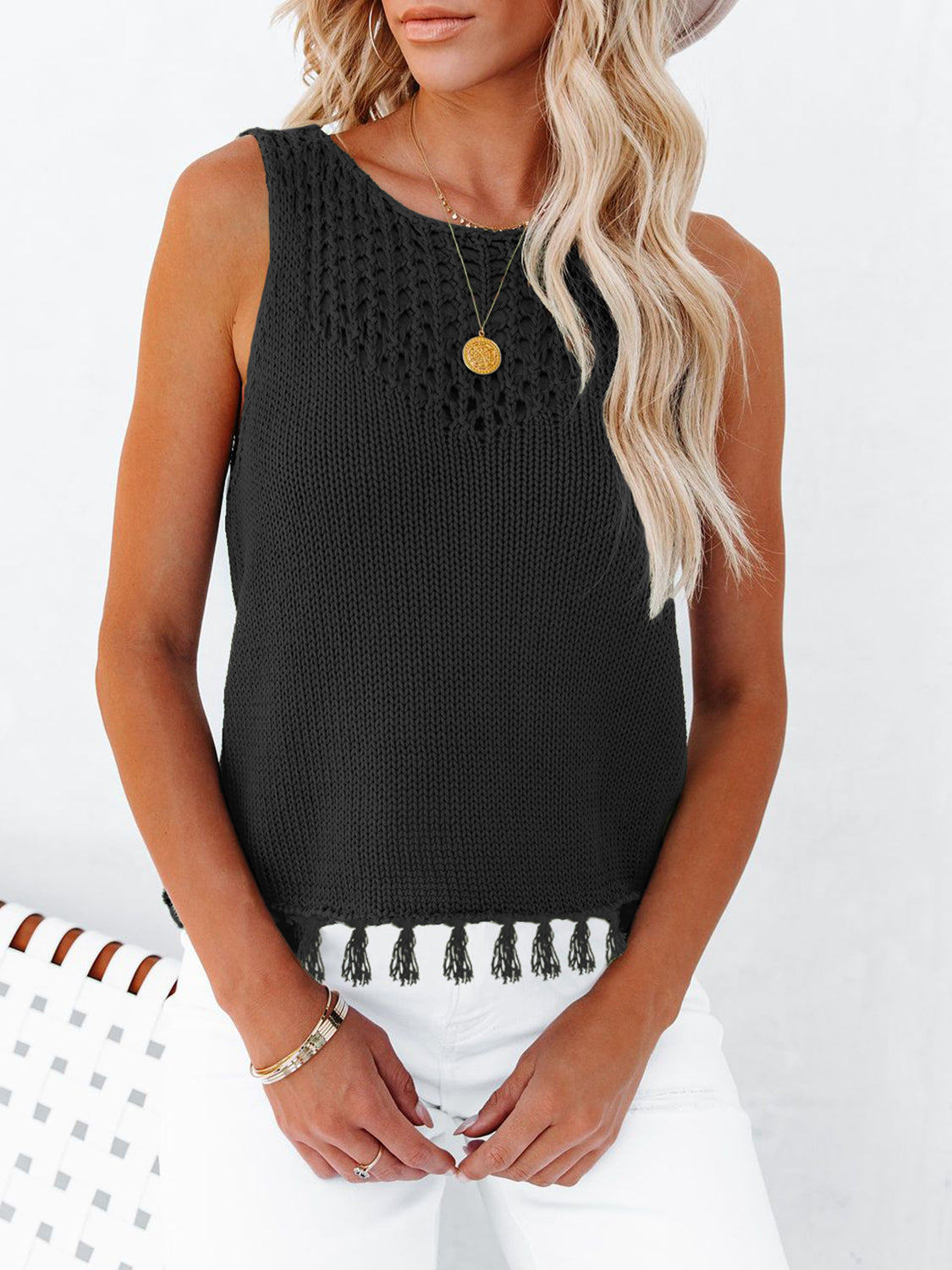 Cutout Tassel Round Neck Tank, 3 Colors