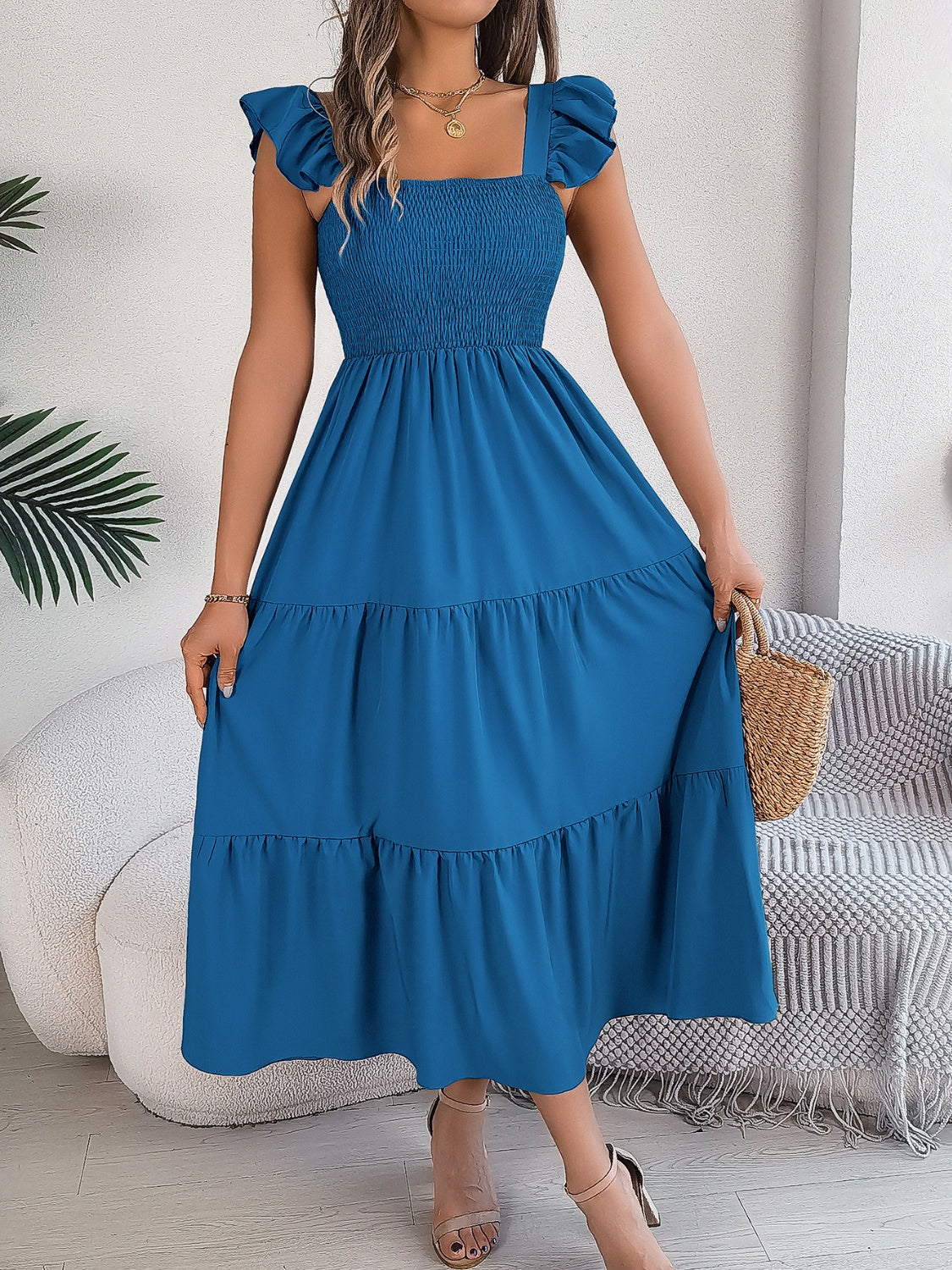 Smocked Square Neck Cap Sleeve Midi Dress, 5 Colors